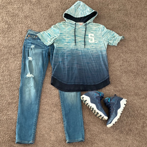 True Religion Jordan Staple Striped Blue Hoodie Shirt and Jeans Set Size 31/7Y/S - Picture 1 of 10